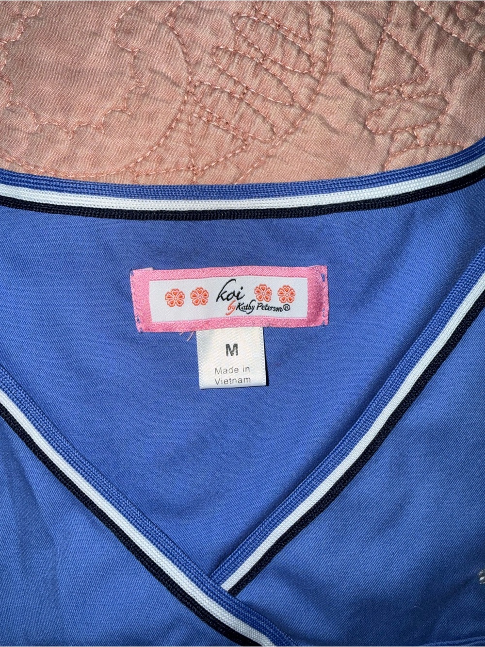 Koi Periwinkle V-Neck Scrub Top with Navy and White Stripe Trim - Picture 3 of 7